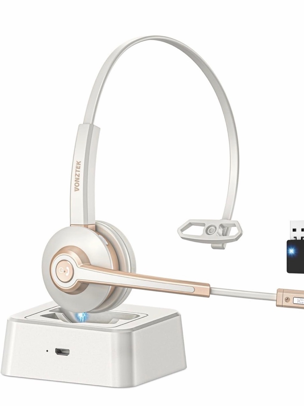 White & Gold Wireless Mono Headset with Dock